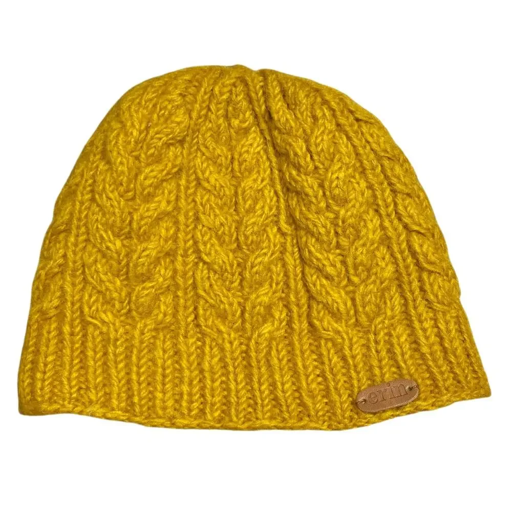 ERIN Irish Wool Aran Cable-Knit Beanie in Mustard Yellow w Gray Fleece Lining OS